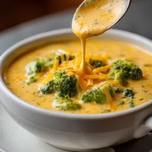 broccoli cheddar soup recipe hero shot 45 degree angle on bright table