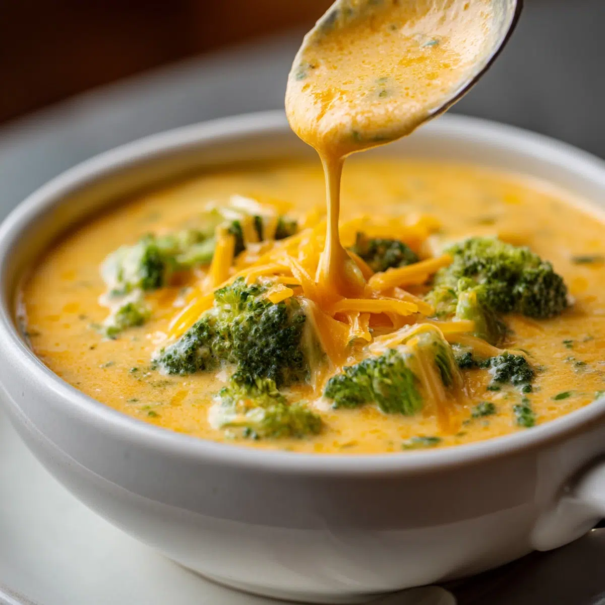 broccoli cheddar soup recipe hero shot 45 degree angle on bright table