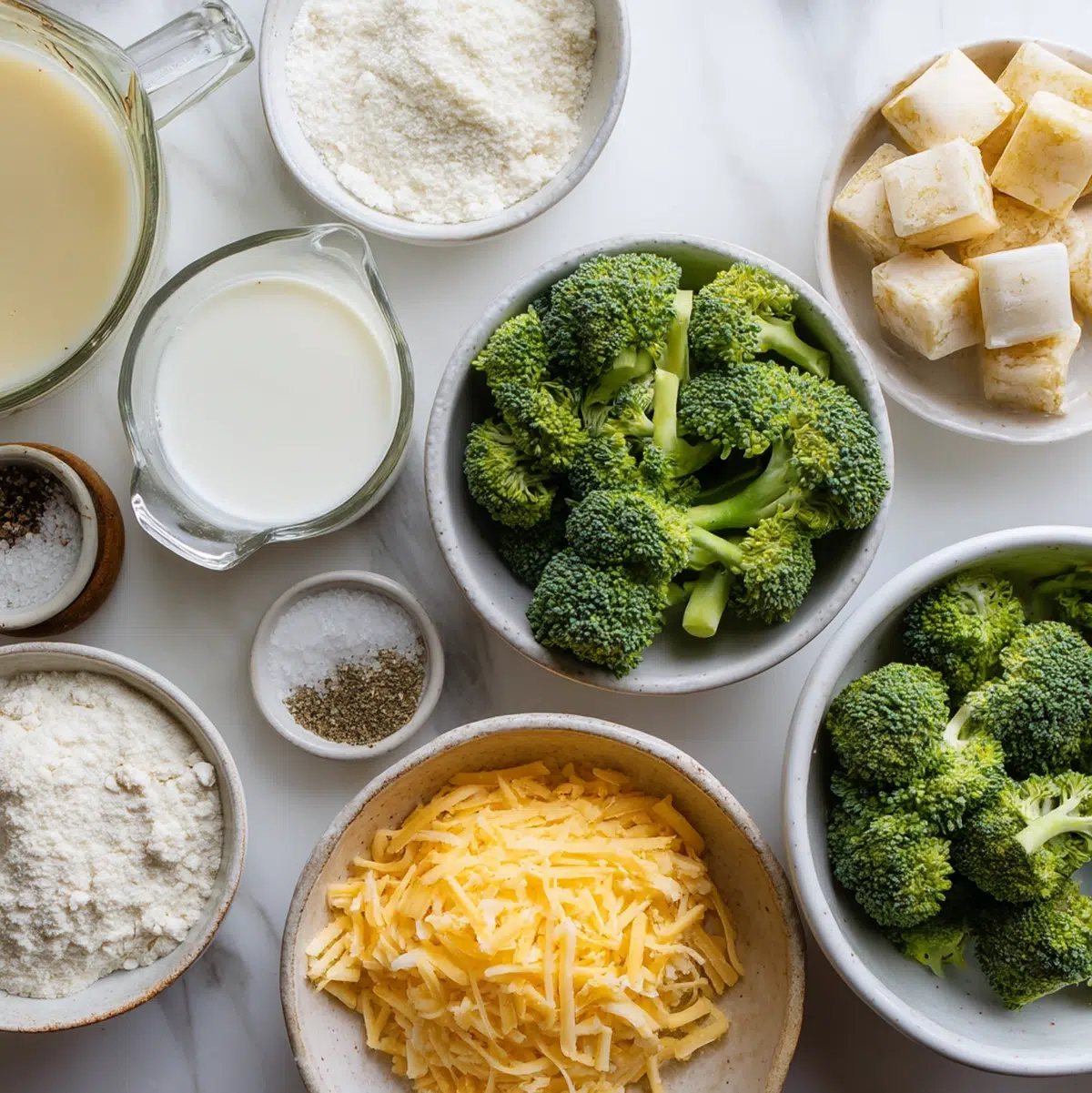 Broccoli cheddar soup recipe ingredients arranged on a cutting board including butter, flour, broccoli, shredded cheddar, milk, and chicken broth