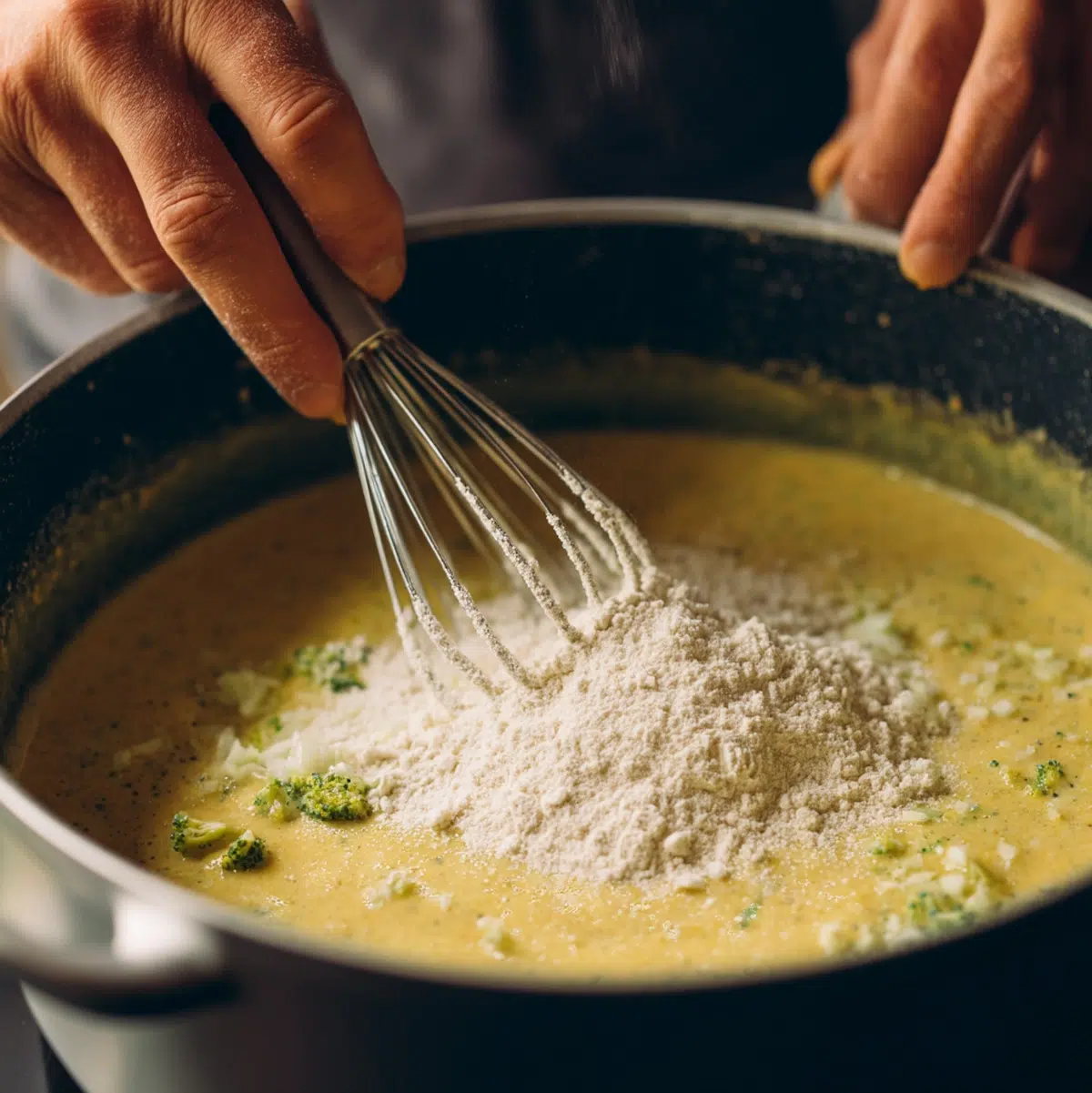 Hands whisking flour into melted butter in a saucepan to create a roux for broccoli cheddar soup