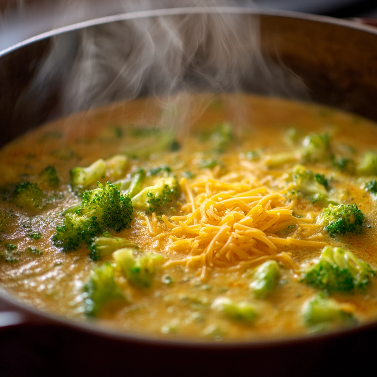 Creamy broccoli cheddar soup thickening in a saucepan with visible broccoli florets and melted cheese swirls