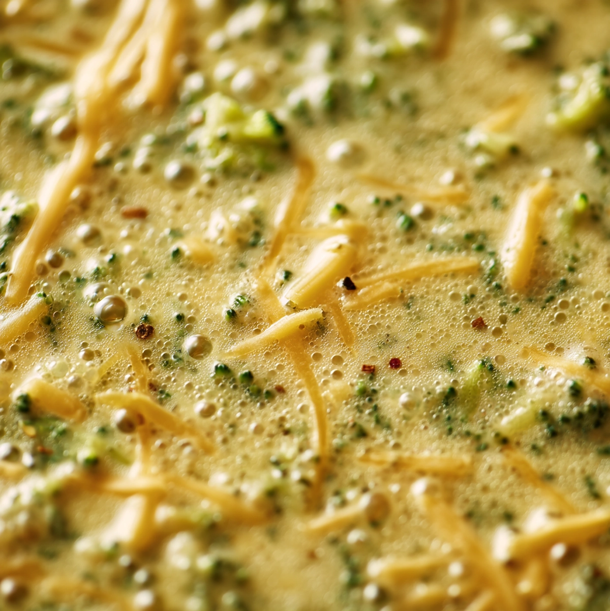 Close-up of creamy broccoli cheddar soup showing thick, glossy texture with tender broccoli pieces - broccoli cheddar soup recipe