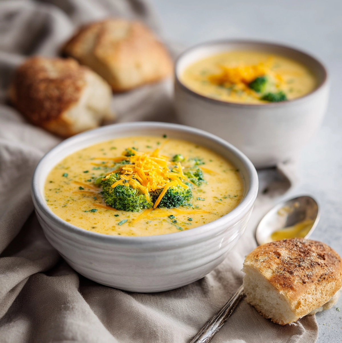 Two bowls of broccoli cheddar soup served on a table with crusty bread and a side salad - broccoli cheddar soup recipe