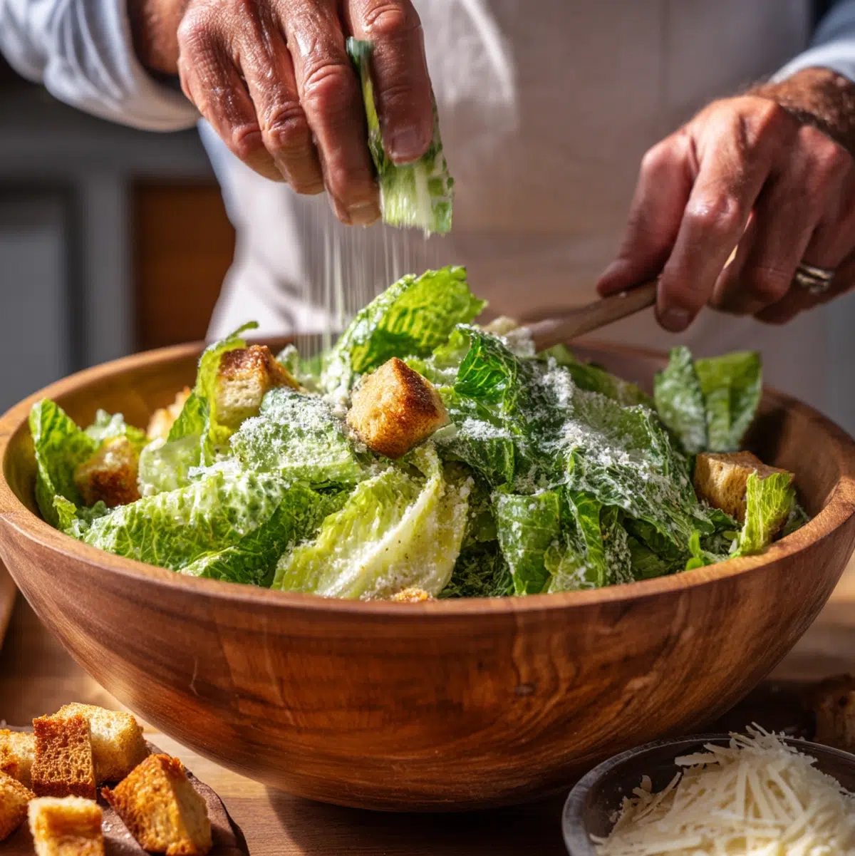 Hands tossing cubed bread with olive oil and garlic powder on a baking sheet for homemade caesar salad croutons