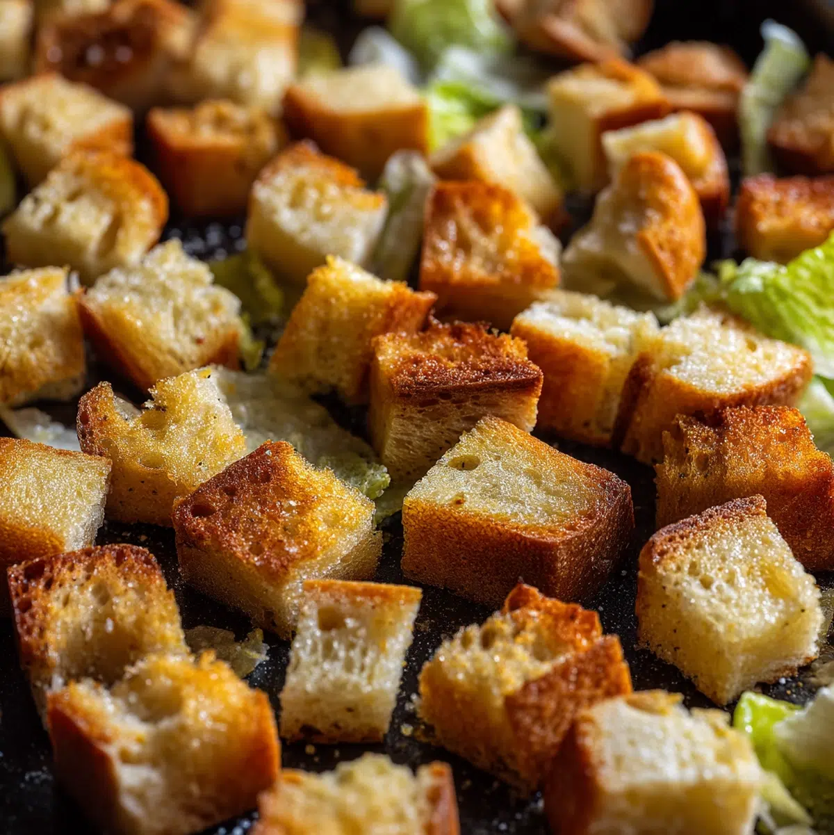 Golden homemade croutons on a baking sheet fresh from the oven for caesar salad recipe