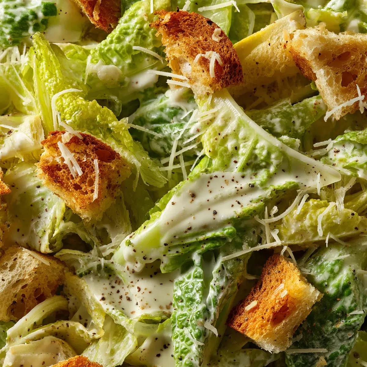 Close-up of shredded parmesan cheese being added to dressed romaine leaves in a caesar salad - caesar salad recipe