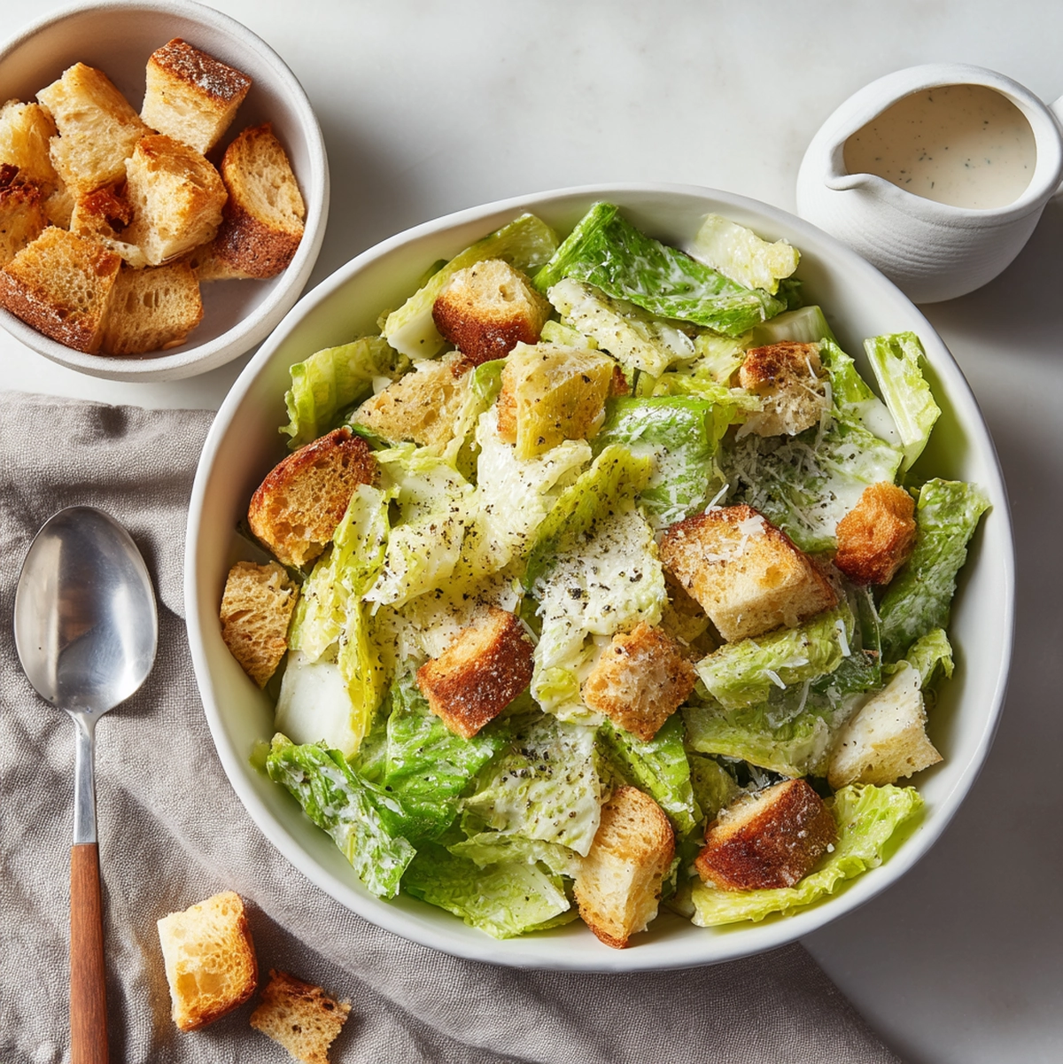 Finished caesar salad served on a table with lemon wedges and freshly cracked pepper - caesar salad recipe