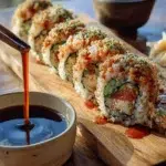 A delicious California Crunch Roll Sushi served with soy sauce and wasabi.