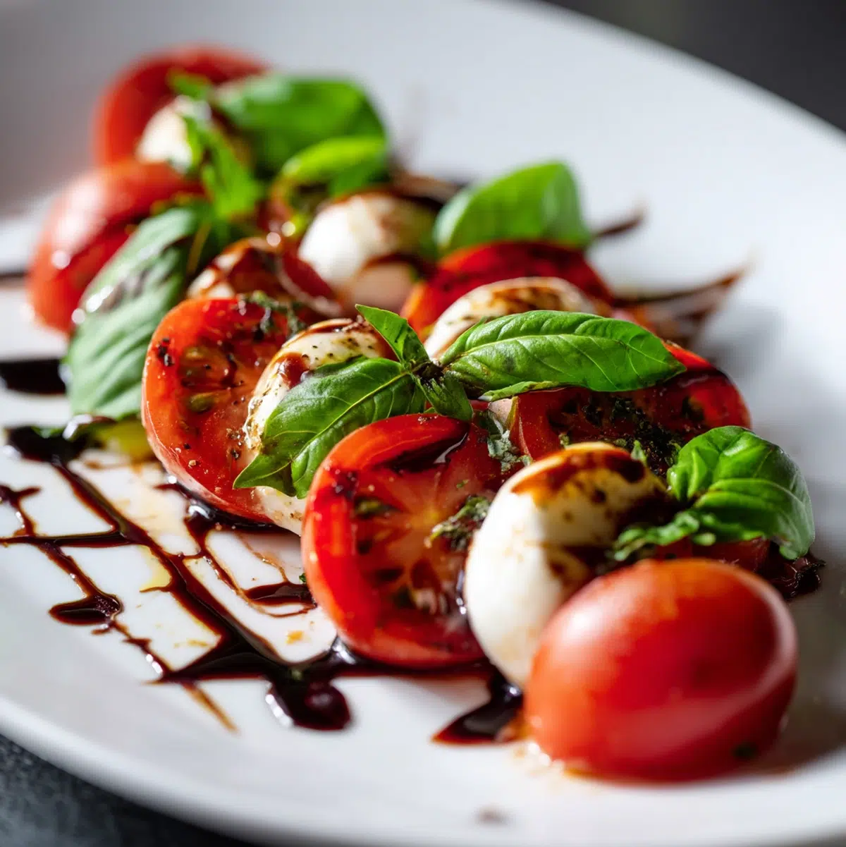 caprese salad recipe hero shot 45 degree angle on bright table