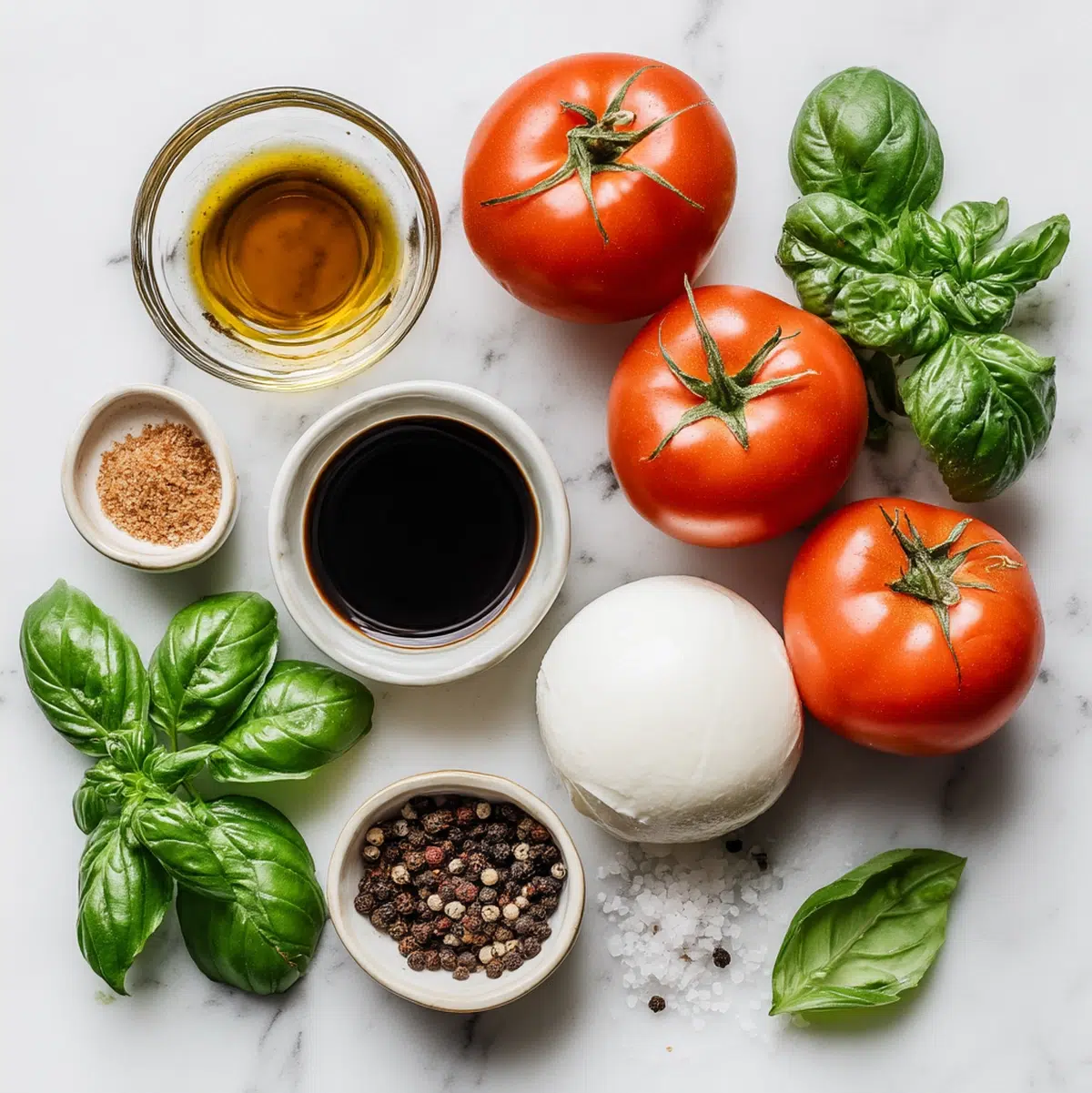 Fresh mozzarella, ripe tomatoes, basil leaves, olive oil, and balsamic vinegar laid out for caprese salad recipe