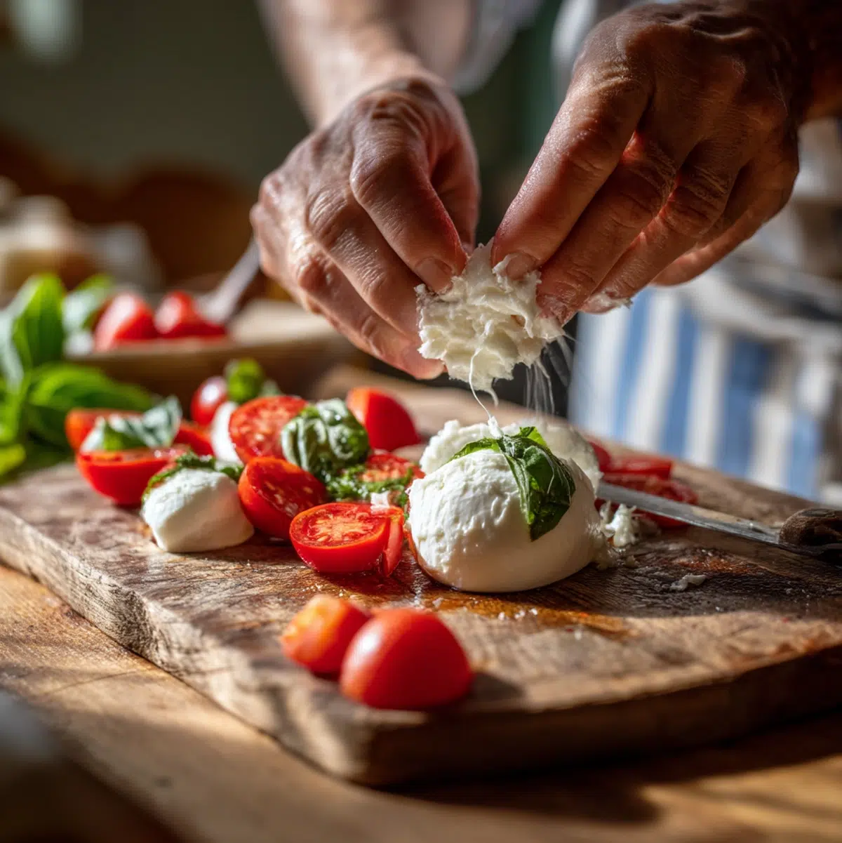 Hands tearing fresh mozzarella into irregular pieces over a cutting board for caprese salad