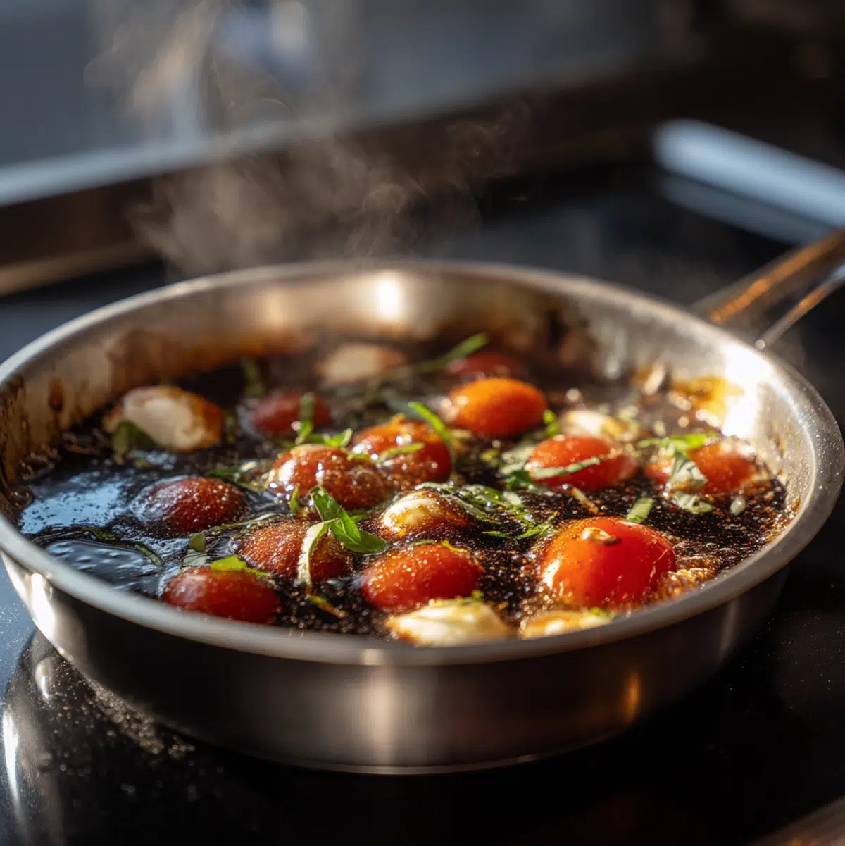 Balsamic glaze simmering in a small skillet with lingering bubbles on the surface for balsamic glaze