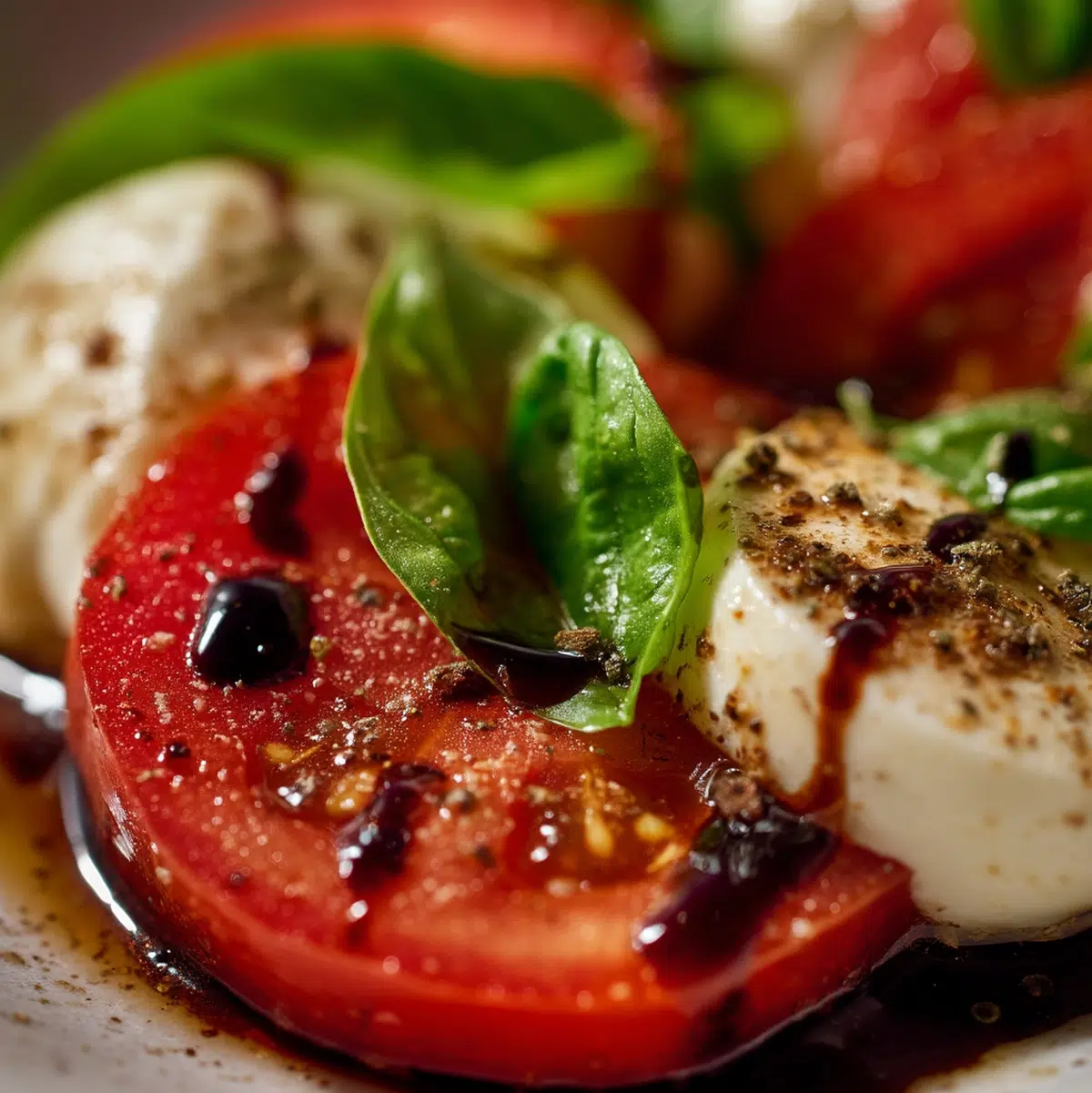 Close-up of torn fresh mozzarella with olive oil pooling in the irregular crevices - caprese salad recipe