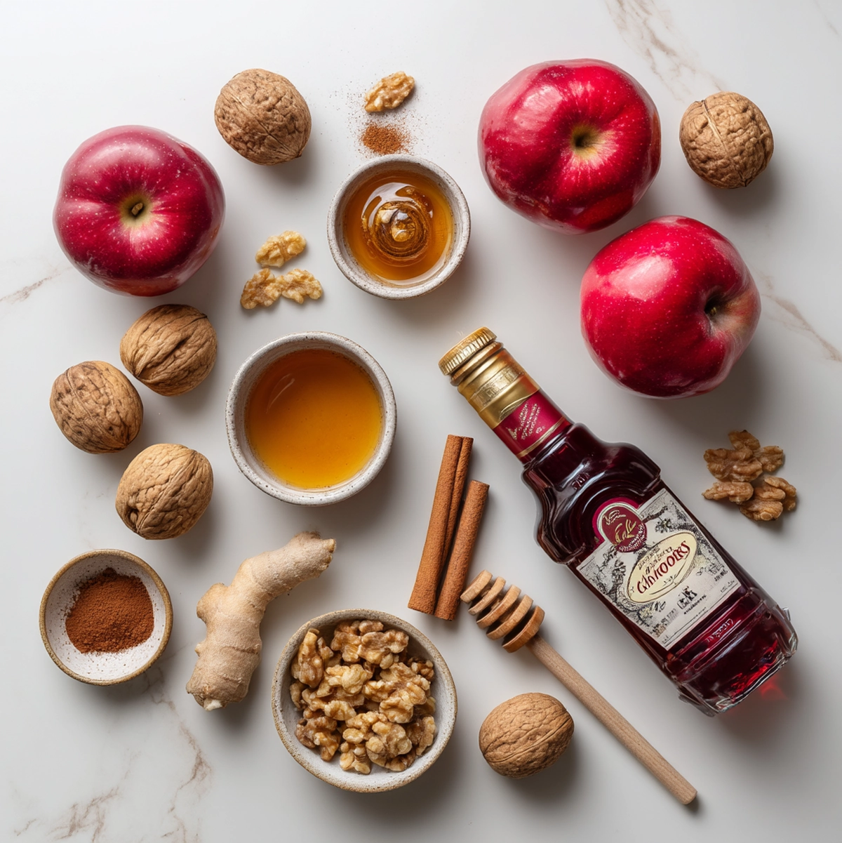 Charoset Recipe: Homemade in 8 Servings (Chef-Tested) 2 Charoset recipe ingredients laid out on a wooden board including diced apples walnuts honey and spices