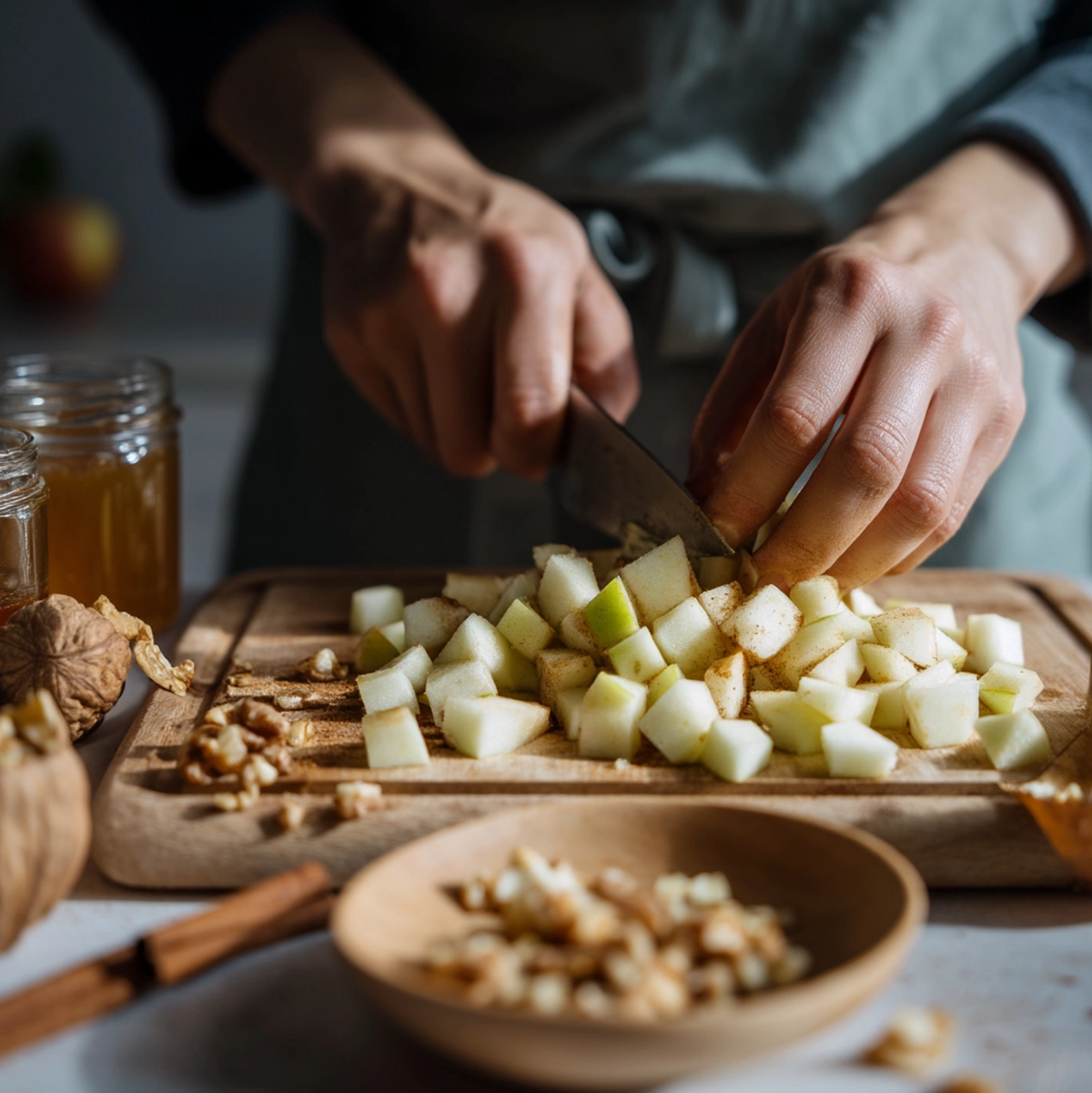 Charoset Recipe: Homemade in 8 Servings (Chef-Tested) 3 Hands dicing apples on a cutting board for homemade charoset preparation - charoset recipe