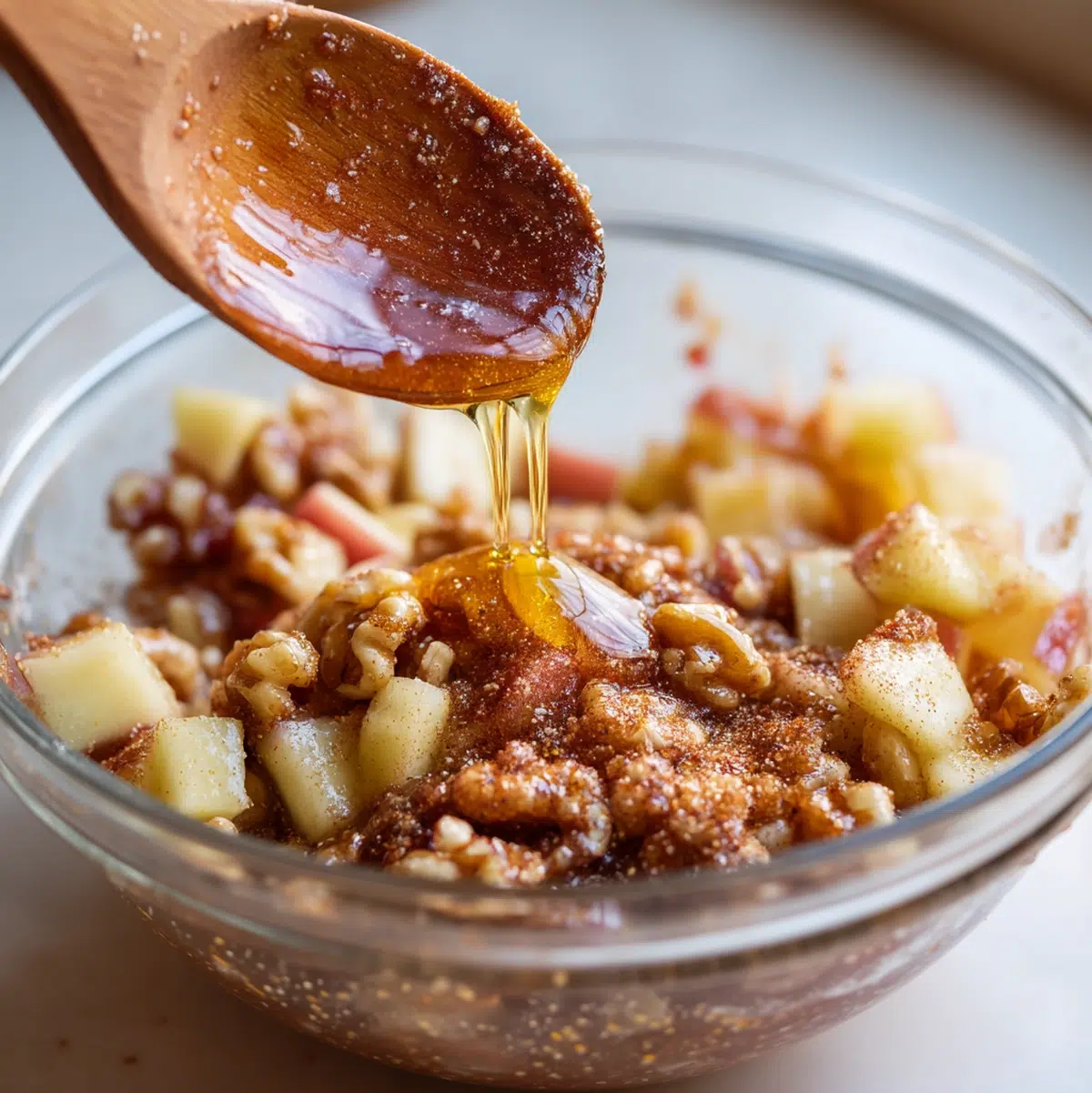 Charoset Recipe: Homemade in 8 Servings (Chef-Tested) 4 Freshly mixed charoset in a glass bowl showing chunky apple and walnut texture with grape juice - charoset recipe
