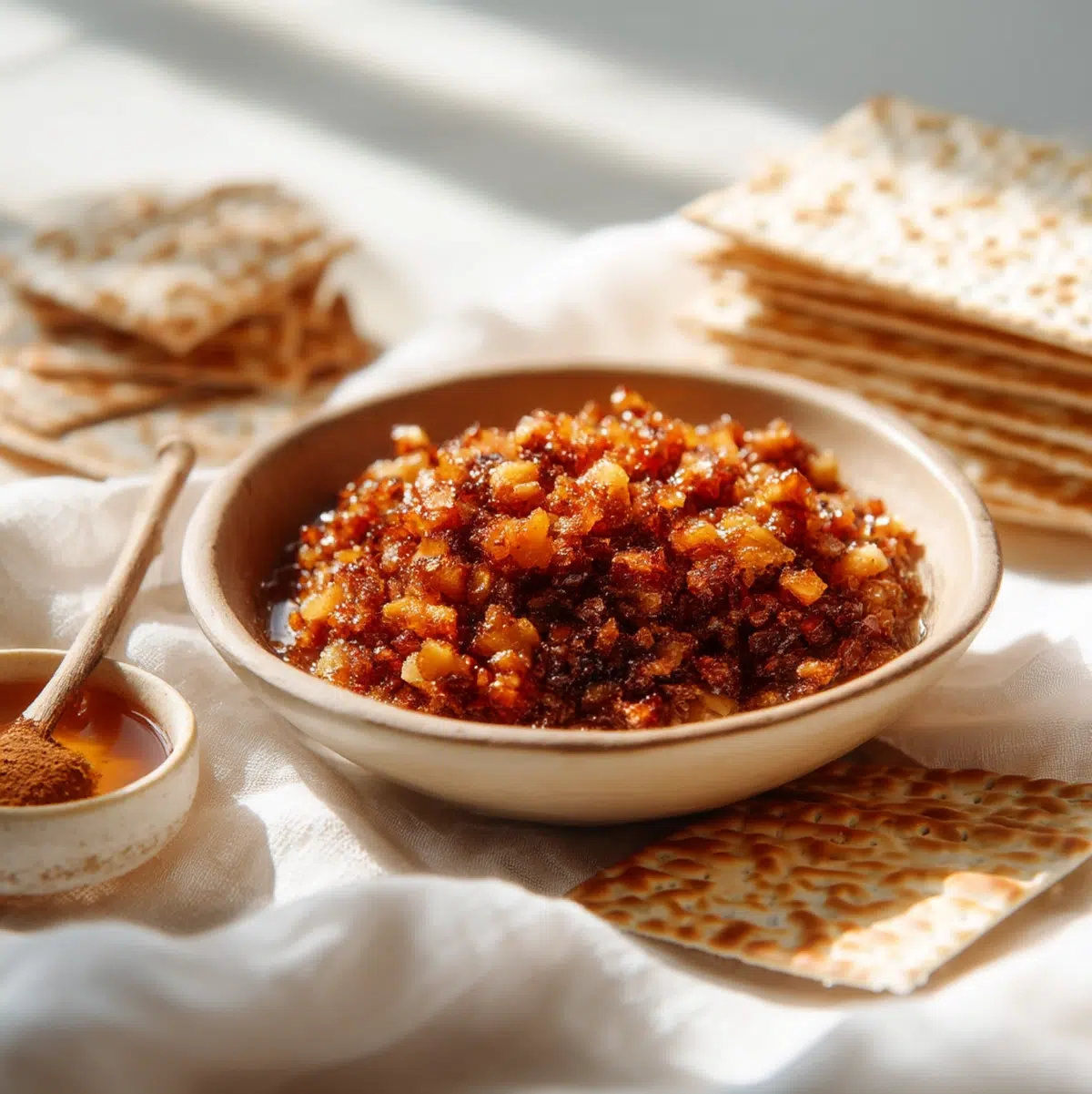 Charoset Recipe: Homemade in 8 Servings (Chef-Tested) 6 Charoset served in a decorative bowl on a Seder table with matzah and fresh herbs - charoset recipe