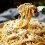 Plate of cheesy spaghetti with garlic and parmesan cheese