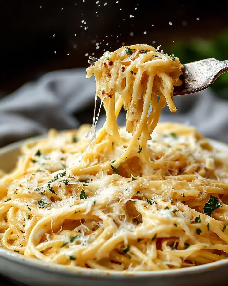 Plate of cheesy spaghetti with garlic and parmesan cheese