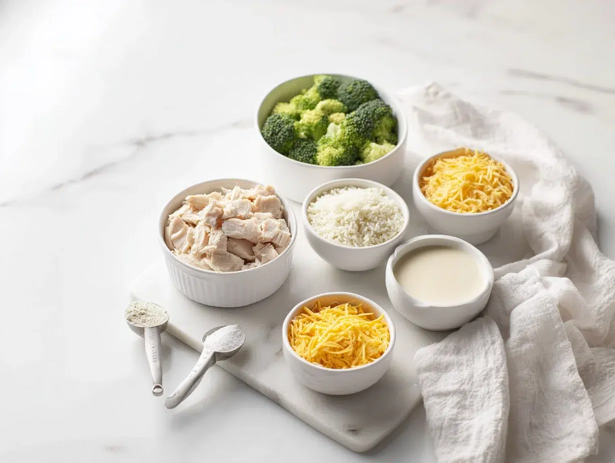 Chicken Broccoli Rice Cheese: 10 Steps to Pure Bliss 11 All ingredients measured and laid out on a cutting board