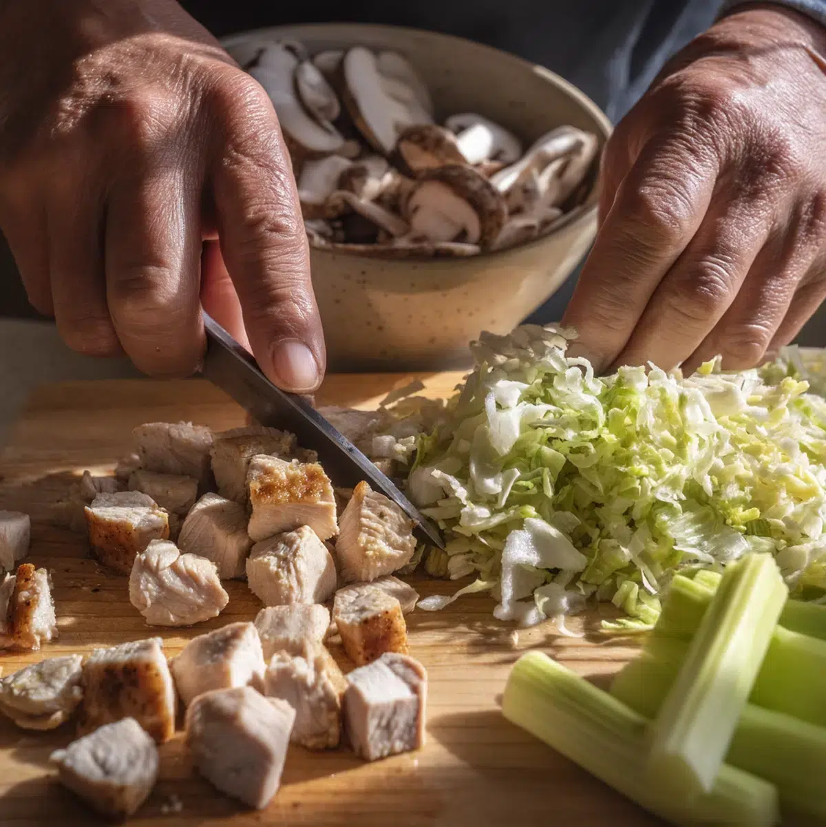 hands cutting chicken breast into half inch cubes on a wooden cutting board for chop suey