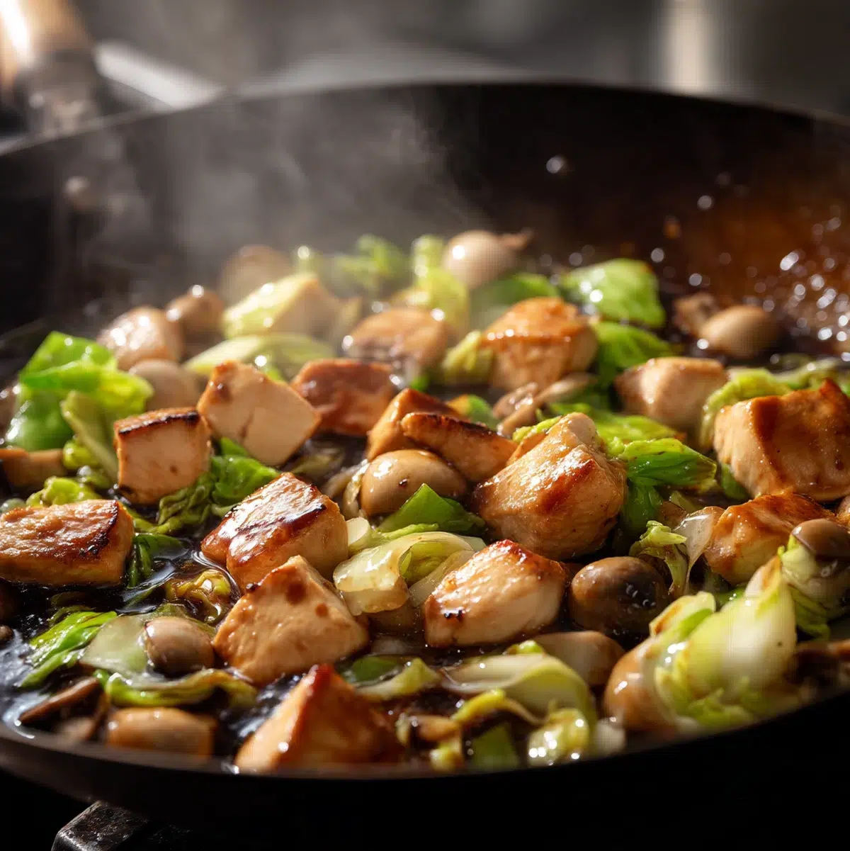 chop suey simmering in pot with vegetables steaming under the lid showing the layering technique