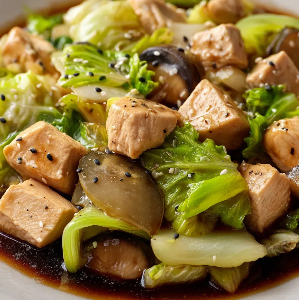 close up detail of chop suey sauce coating chicken and bamboo shoots showing glossy cornstarch finish