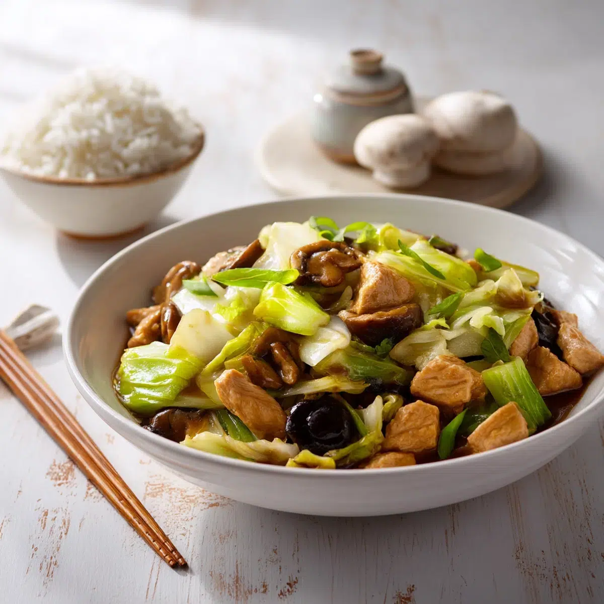 chinese chop suey recipe served over white rice in a bowl on a table with chopsticks