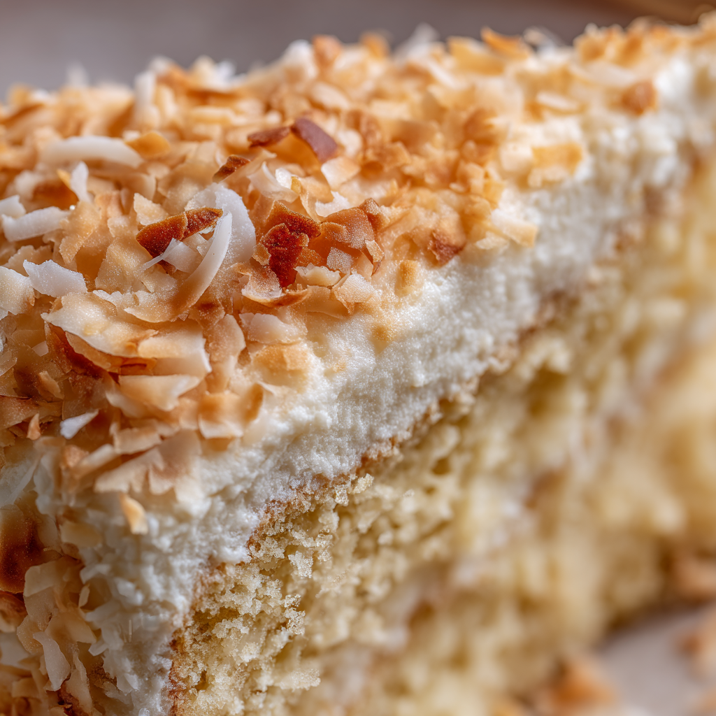 coconut cake recipe for 12 servings (chef-tested homemade) 15 close-up of coconut cake crumb texture showing moist interior with shredded coconut pieces - coconut cake recipe