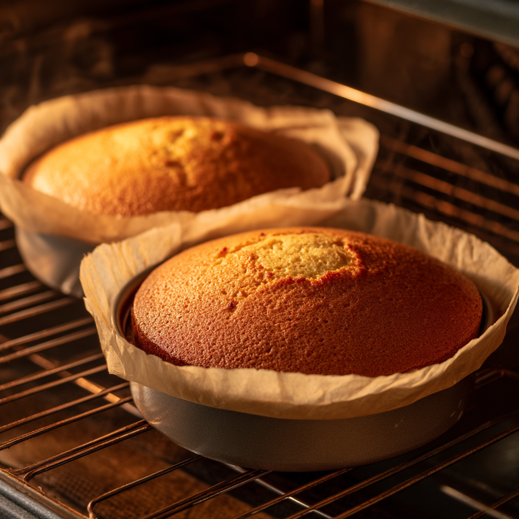 coconut cake recipe for 12 servings (chef-tested homemade) 14 coconut cake baking in oven showing transformation from raw batter to deep amber top crust - coconut cake recipe