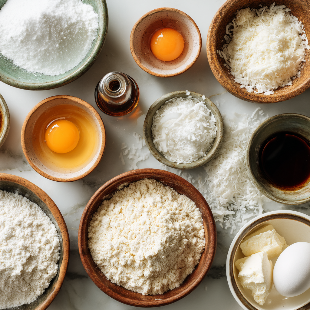 coconut cake recipe for 12 servings (chef-tested homemade) 12 coconut cake recipe ingredients flat-lay including coconut flour, almond flour, eggs, coconut milk, and shredded coconut