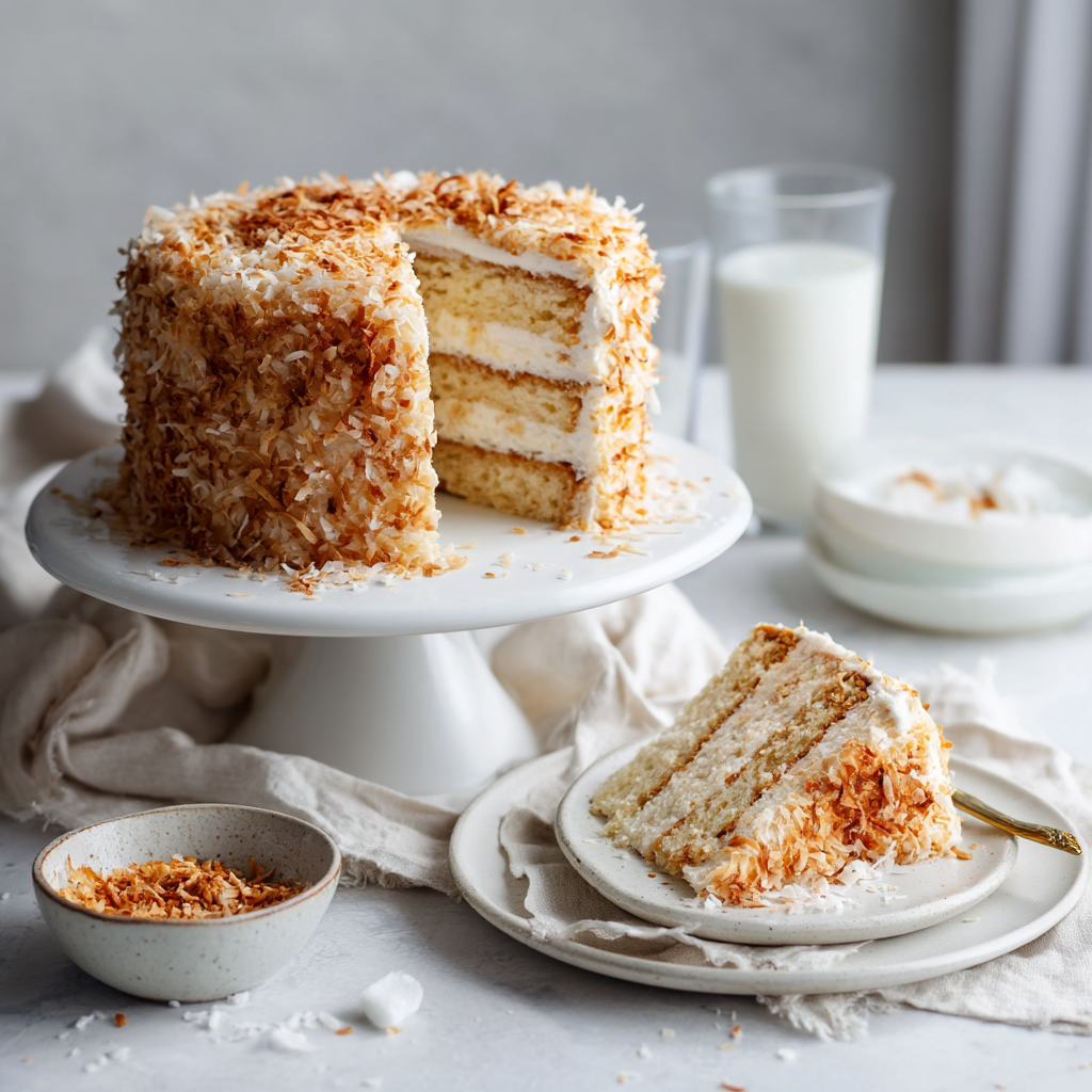 coconut cake recipe for 12 servings (chef-tested homemade) 16 coconut cake recipe served on a table with whipped cream frosting and toasted coconut topping, ready to slice