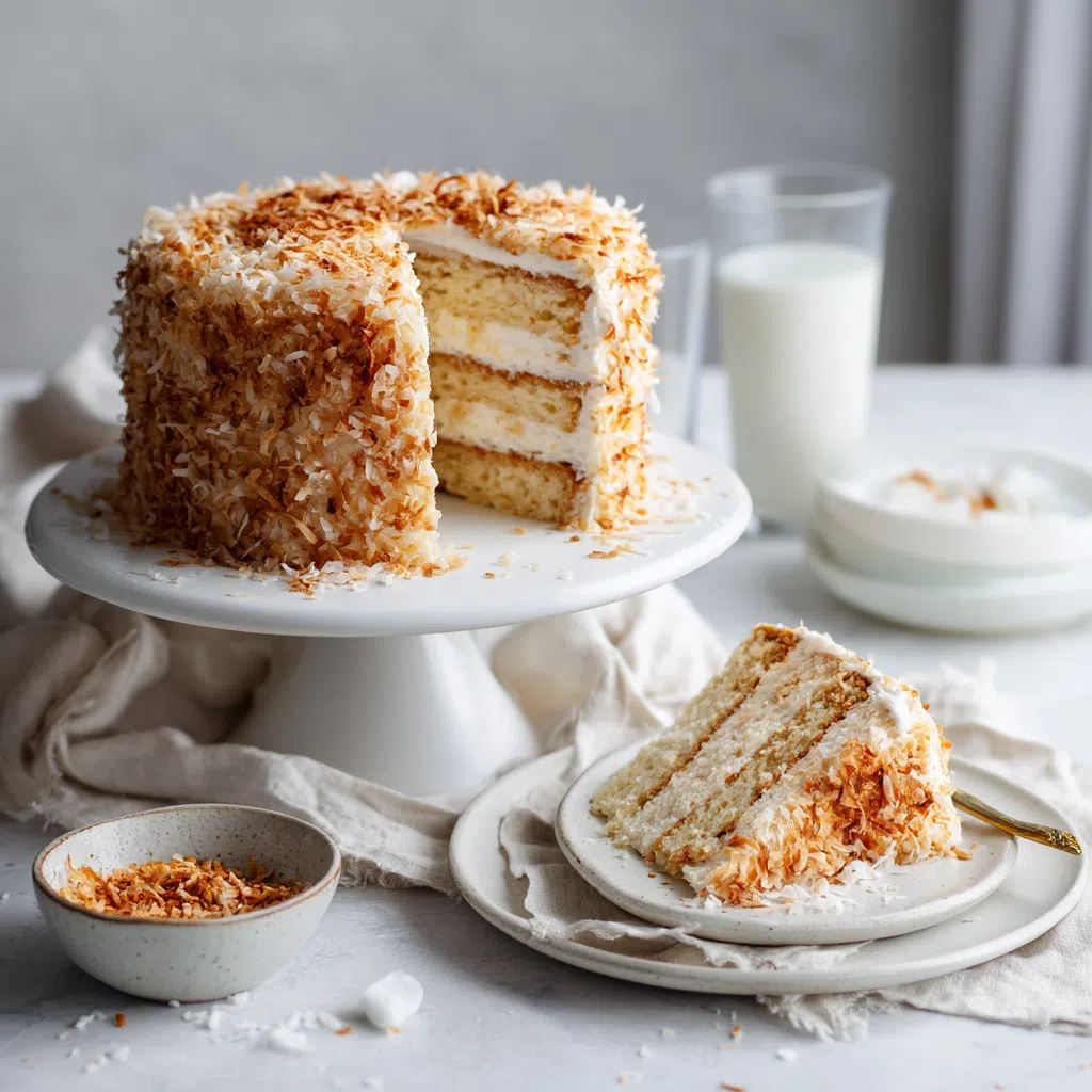 coconut cake recipe served on a table with whipped cream frosting and toasted coconut topping, ready to slice