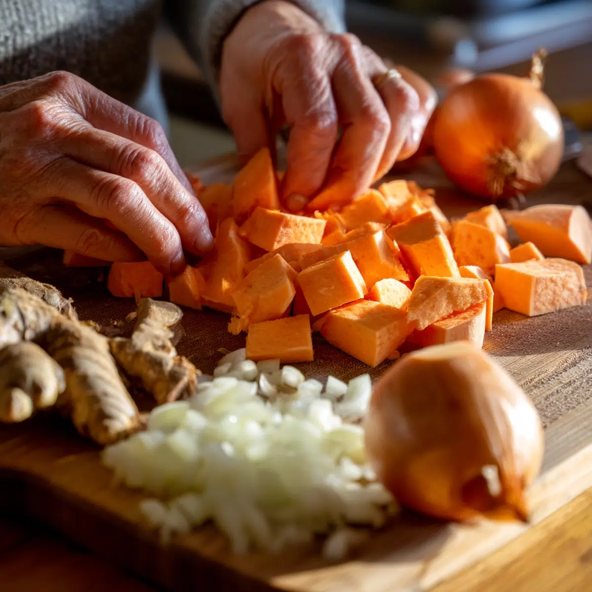 Hands dicing sweet potatoes and preparing ingredients for cozy sweet potato vegetable soup
