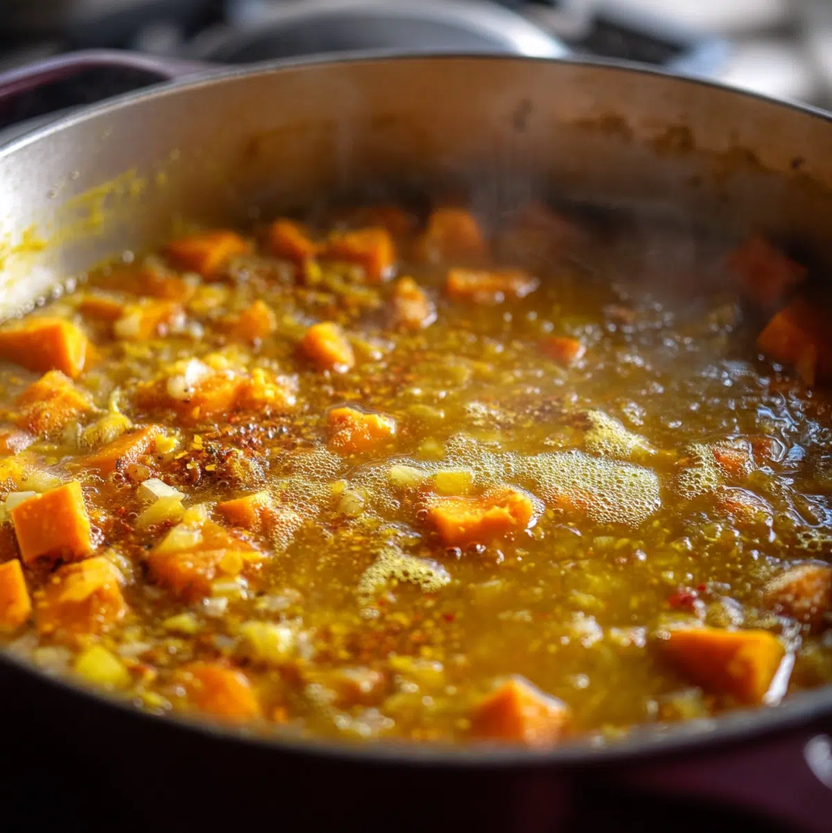 Cozy sweet potato vegetable soup simmering in a Dutch oven, turning deep burnt orange as lentils dissolve