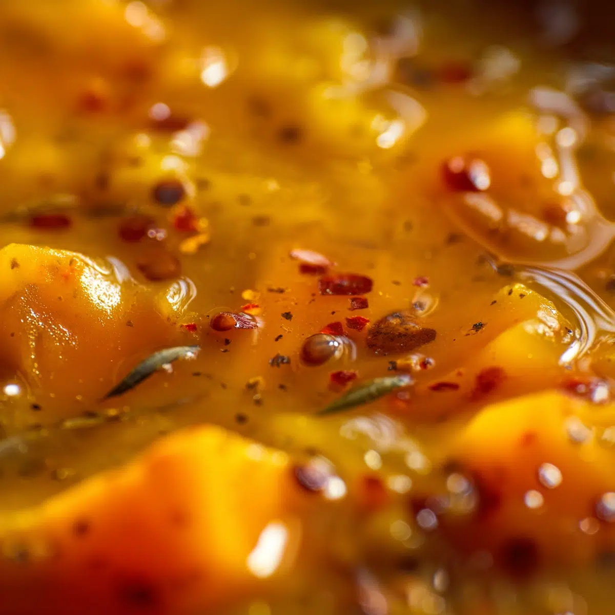 Close-up of cozy sweet potato vegetable soup texture after blending, showing smooth burnt-orange consistency with harissa drizzle