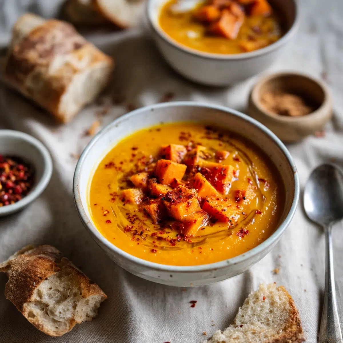 Cozy sweet potato vegetable soup served in deep bowls on a wooden table with flatbread and fresh cilantro garnish