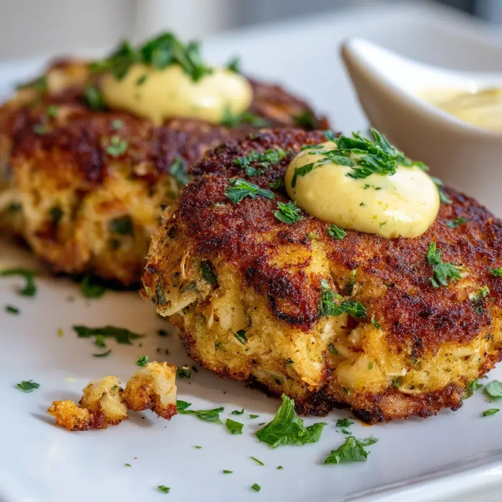 crab cakes recipe hero shot 45 degree angle on bright table