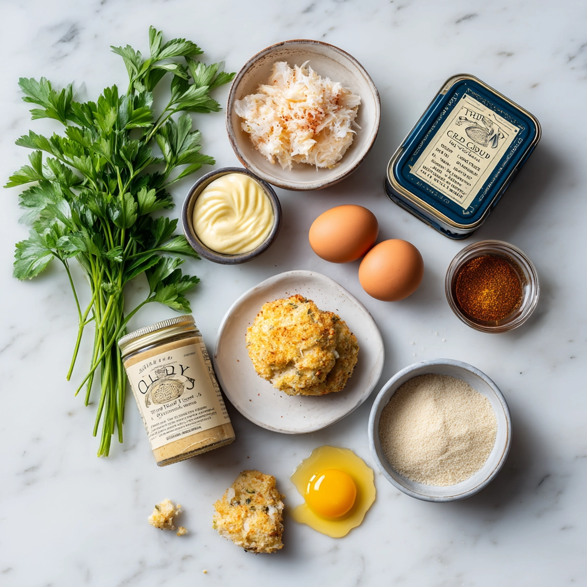 Crab Cakes Recipe (Chef-Tested, 7 Steps to Crispy Cakes) 2 crab cakes recipe ingredients flat-lay with jumbo lump crab meat, Old Bay seasoning, panko, egg, Dijon mustard, and mayonnaise