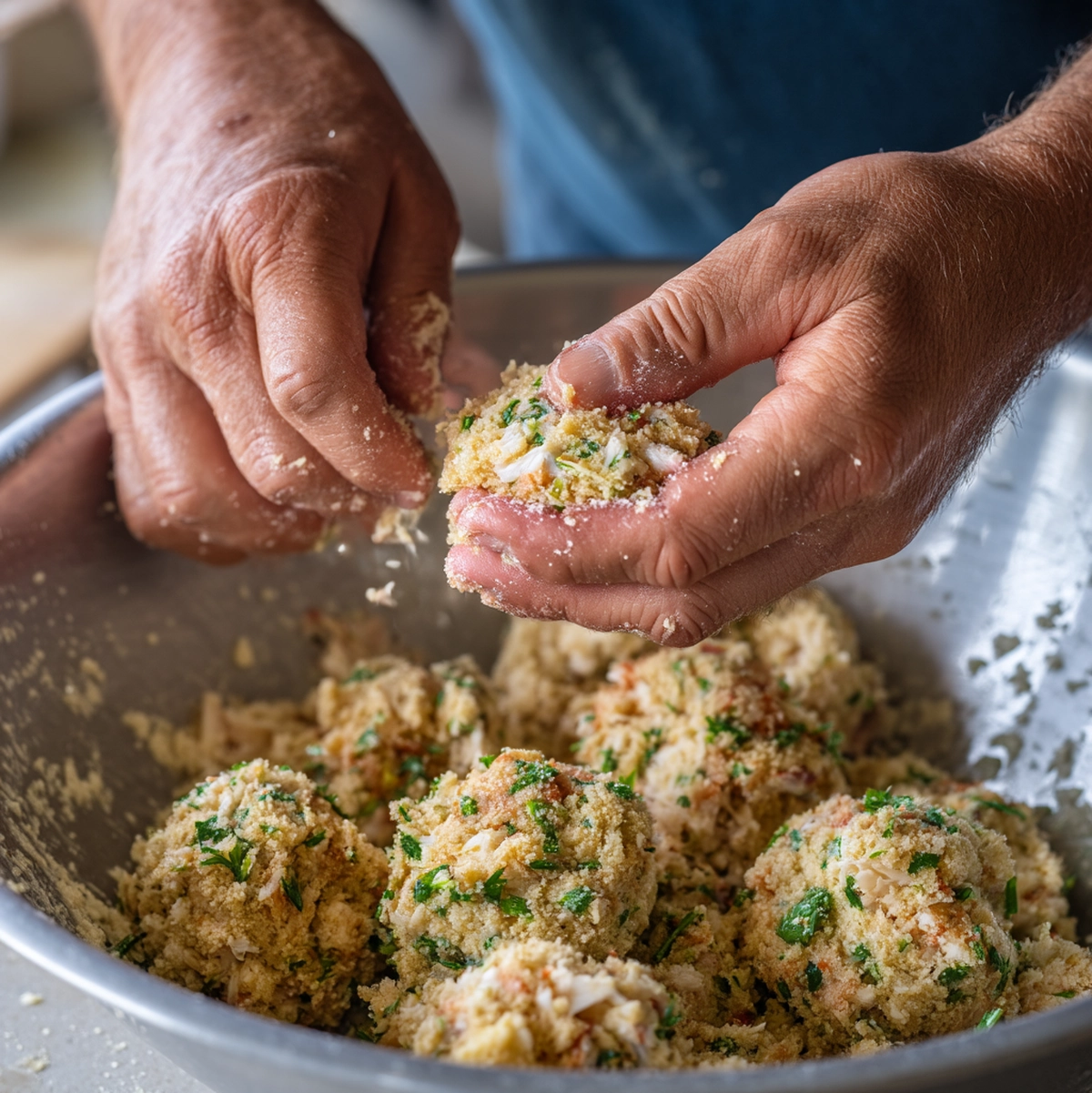 Crab Cakes Recipe (Chef-Tested, 7 Steps to Crispy Cakes) 3 hands gently folding jumbo lump crab meat into the crab cakes recipe mixture in a large bowl