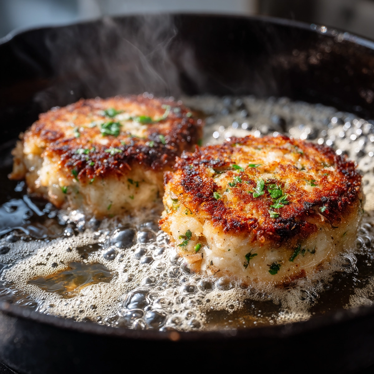 Crab Cakes Recipe (Chef-Tested, 7 Steps to Crispy Cakes) 4 crab cakes cooking in a cast iron skillet with butter, showing deep amber exterior crust forming - crab cakes recipe