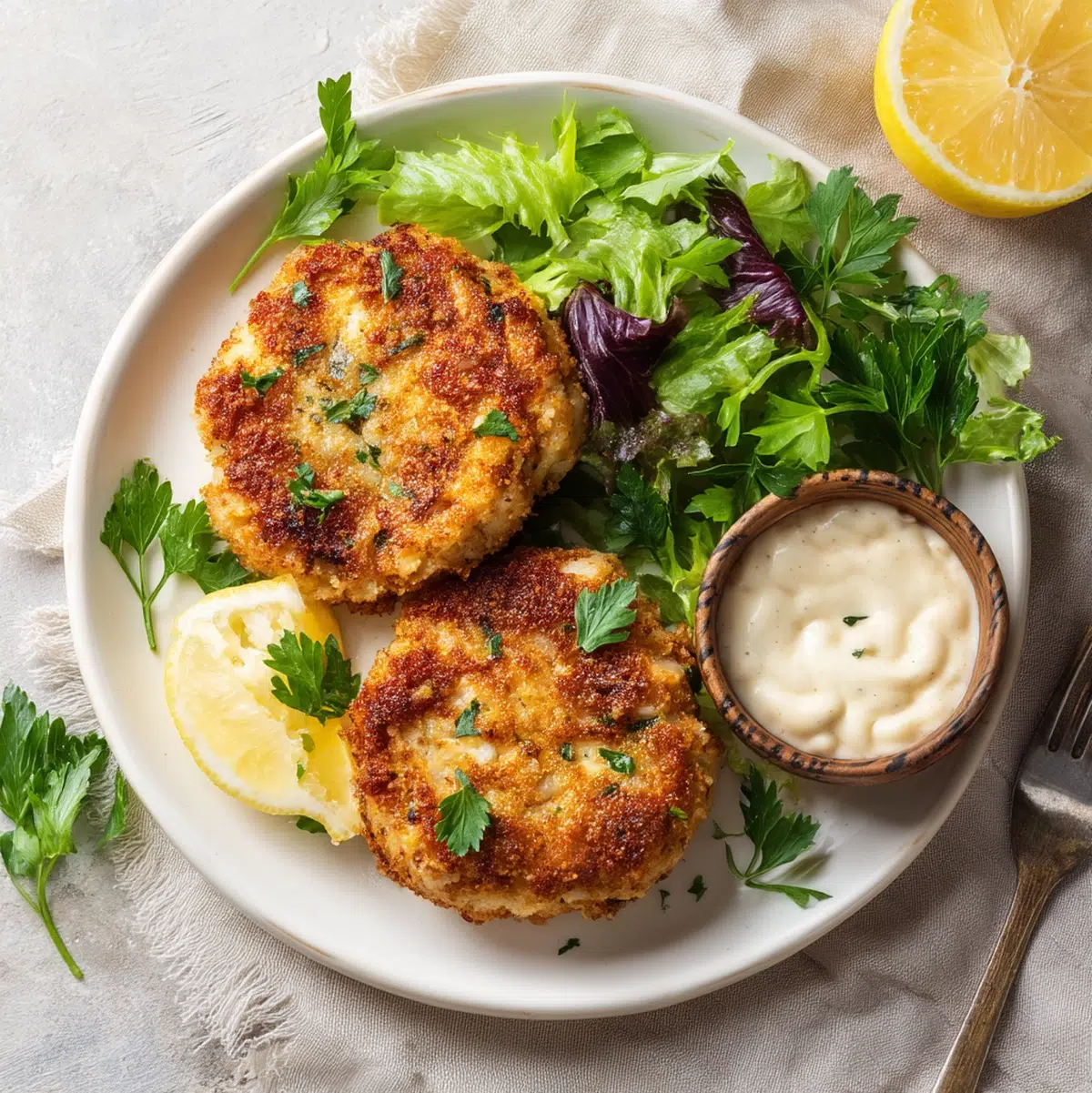 Crab Cakes Recipe (Chef-Tested, 7 Steps to Crispy Cakes) 6 plated crab cakes recipe served with lemon wedges, tartar sauce, and a fresh green salad on a dinner table
