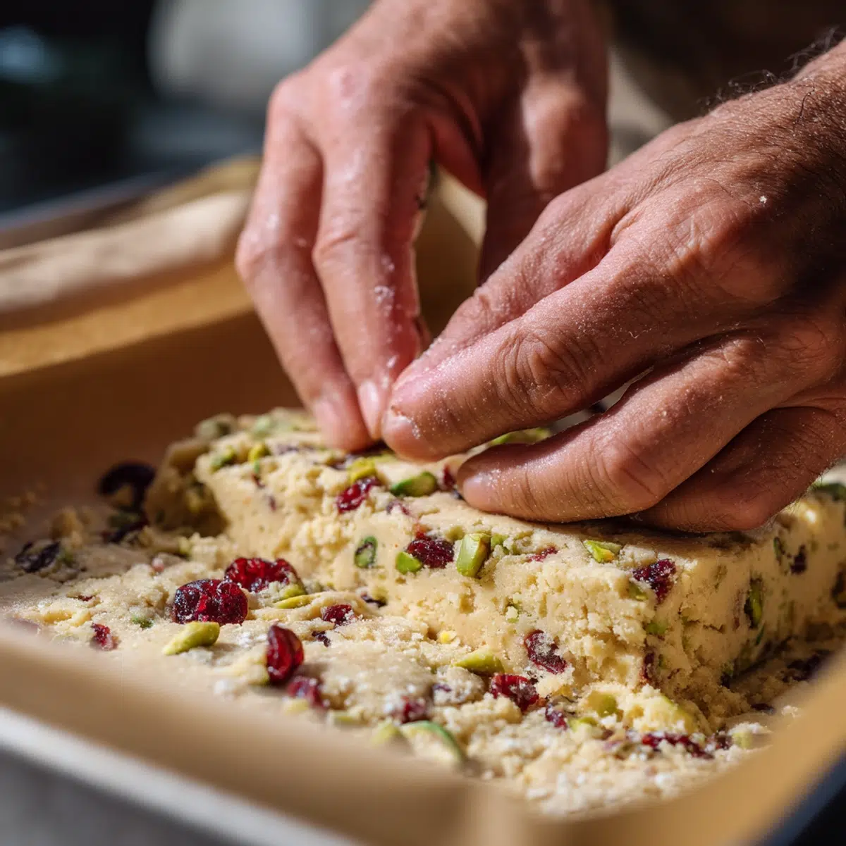 hands chopping dried cranberries and pistachios finely for cranberry pistachio shortbread dough preparation