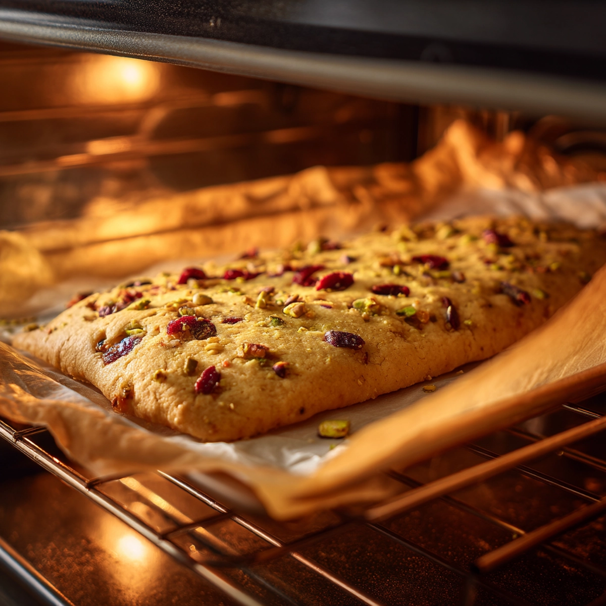 cranberry pistachio shortbread cookies on baking sheet showing amber edge color indicating proper doneness