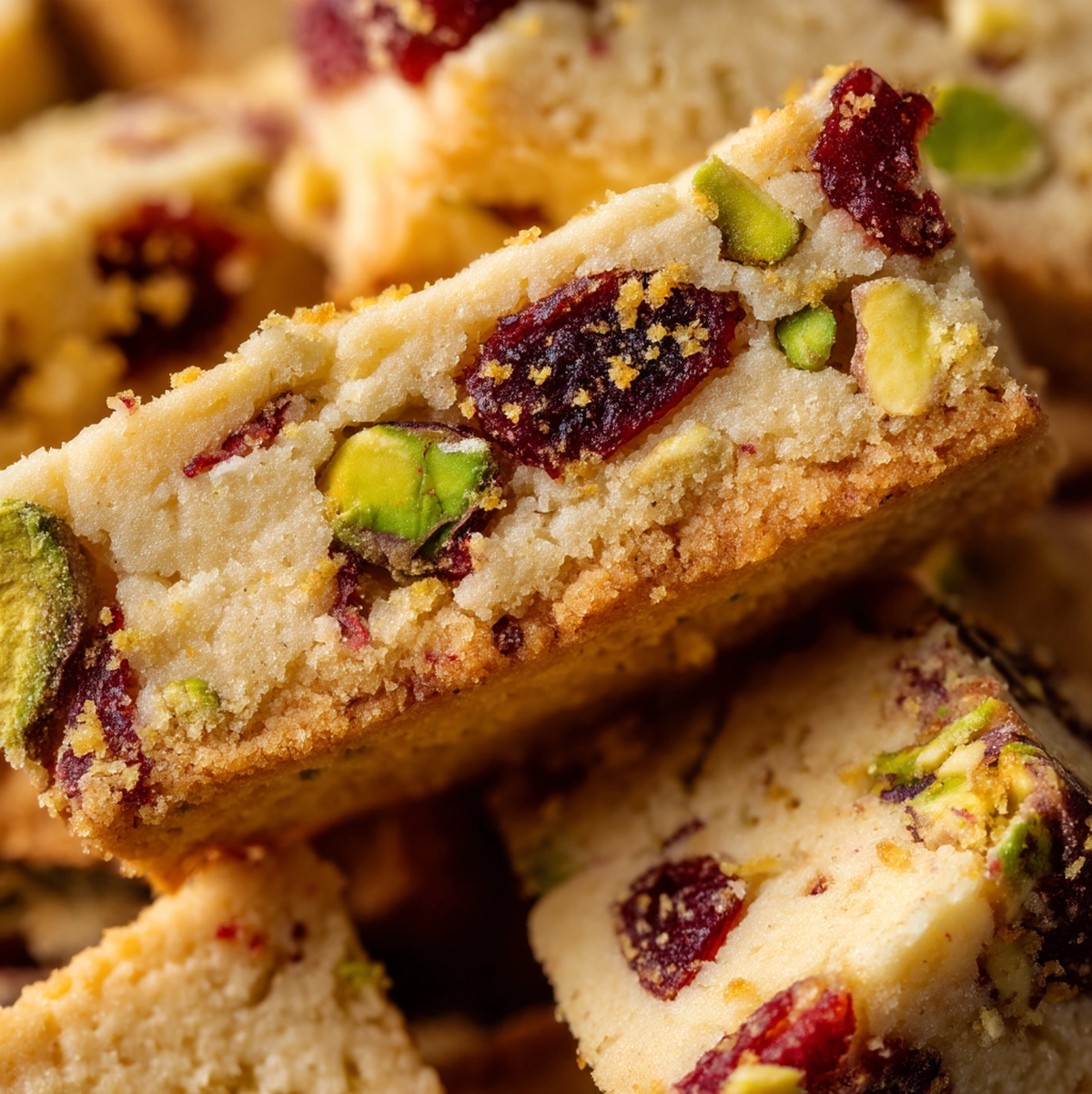 close-up texture detail of cranberry pistachio shortbread showing pistachio pieces and cranberry flecks in almond flour base