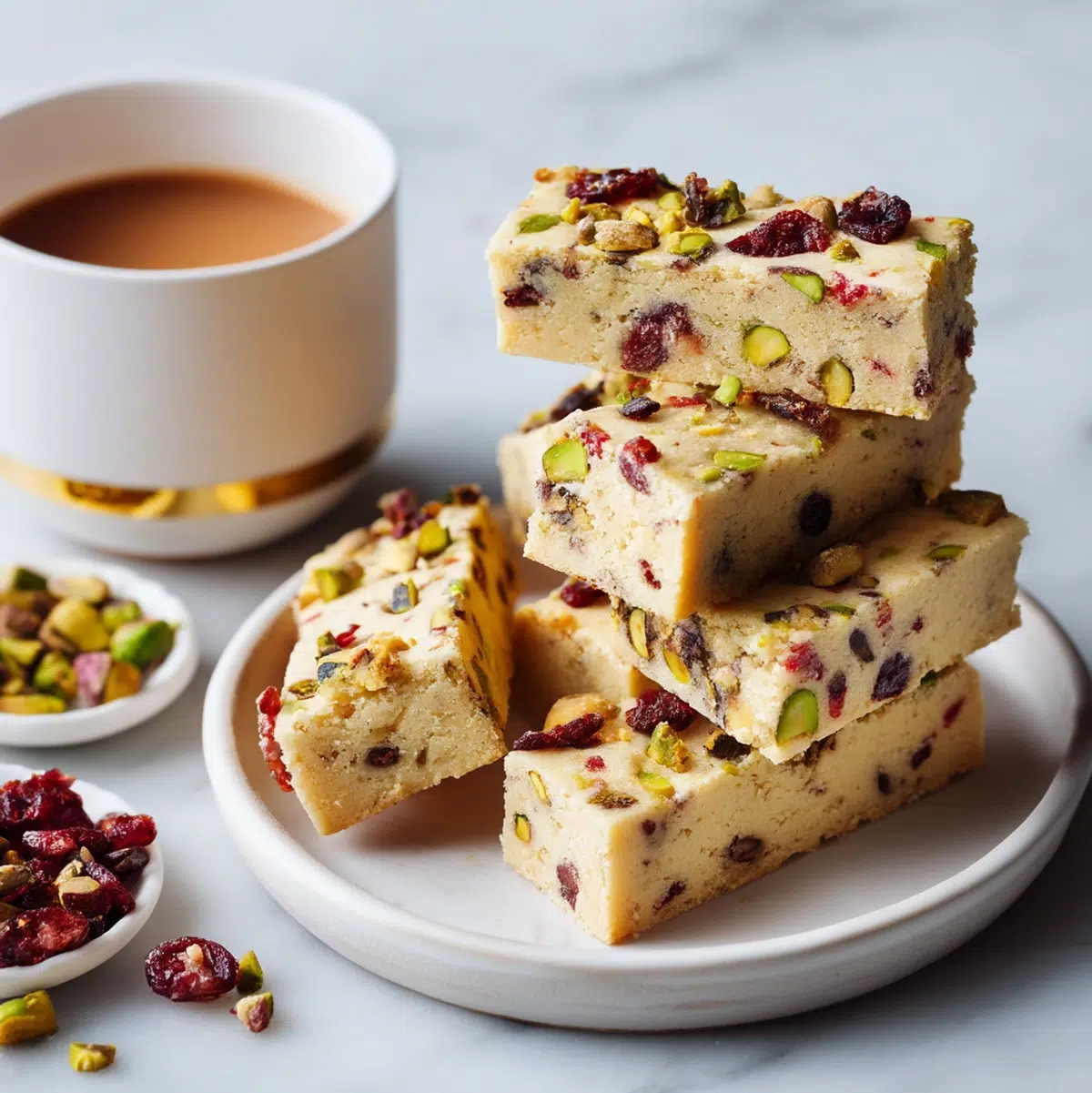 cranberry pistachio shortbread cookies arranged on a serving plate with tea and accompaniments