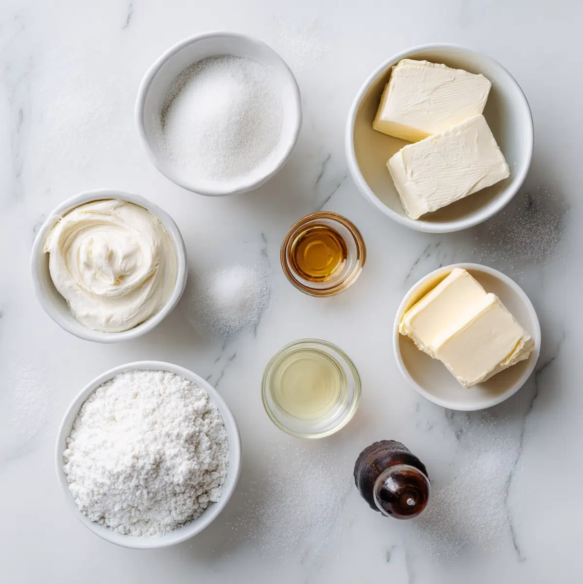 ingredients for cream cheese frosting recipe arranged in prep bowls overhead view