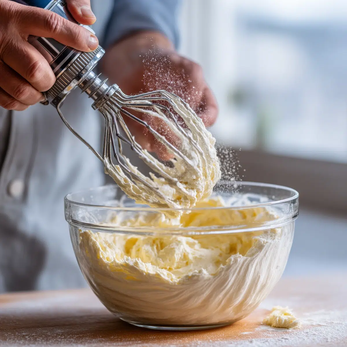 hands preparing cream cheese frosting recipe on a cutting board kitchen scene