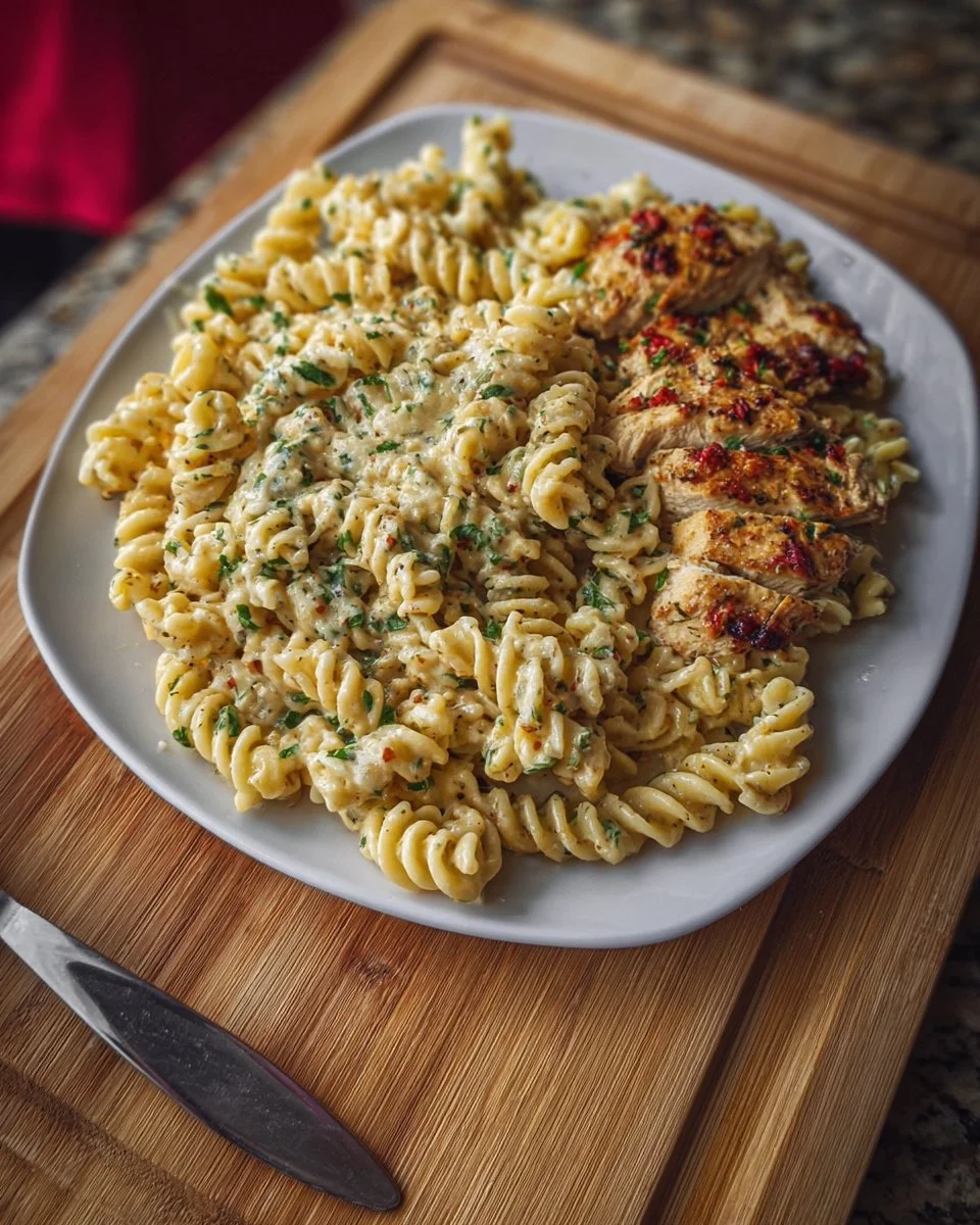 Creamy Garlic Parmesan Chicken Pasta served in a bowl with herbs and cheese