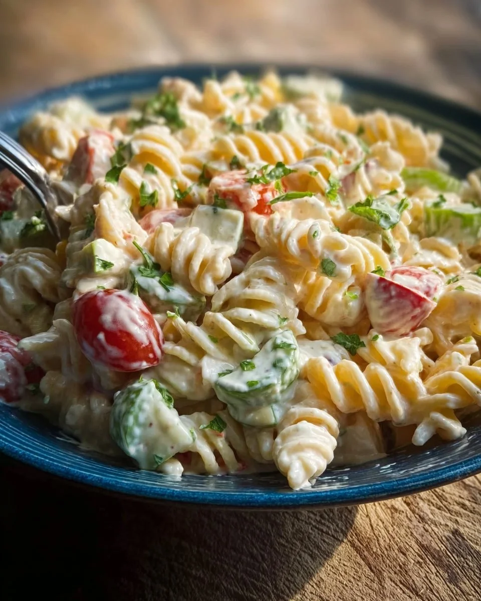 Creamy pasta salad in a bowl with vegetables, a perfect summer side dish
